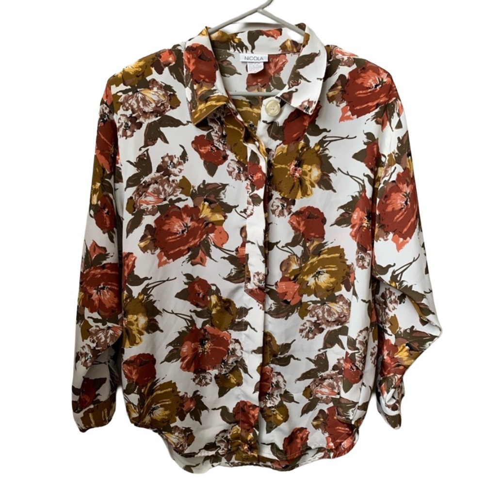 NICOLA Womens Ivory Rust Orange Olive Green Gold Black Floral Button Down Blouse